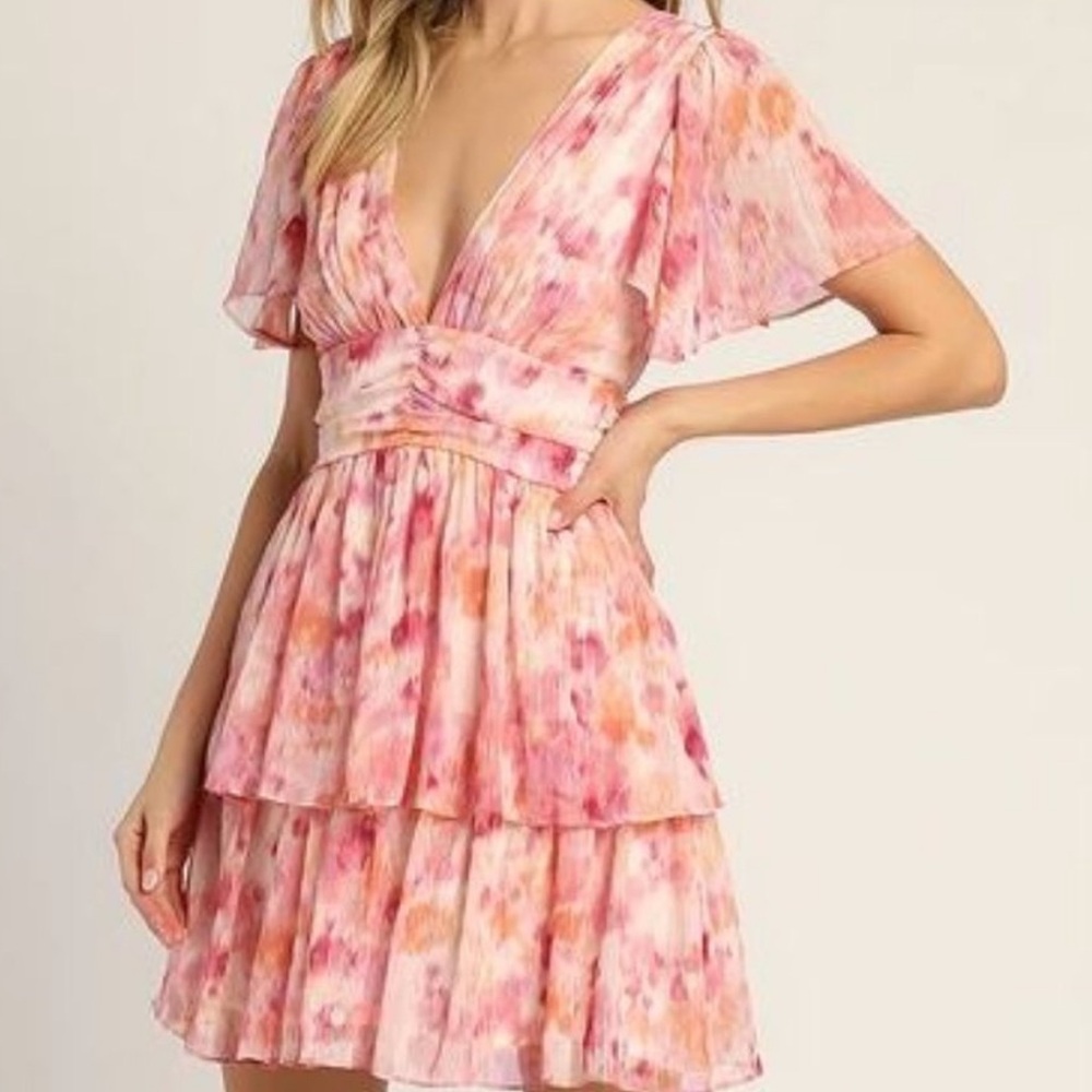 Sunny Evenings Pink Multi Lurex Flutter Sleeve Mini Dress Lulus
